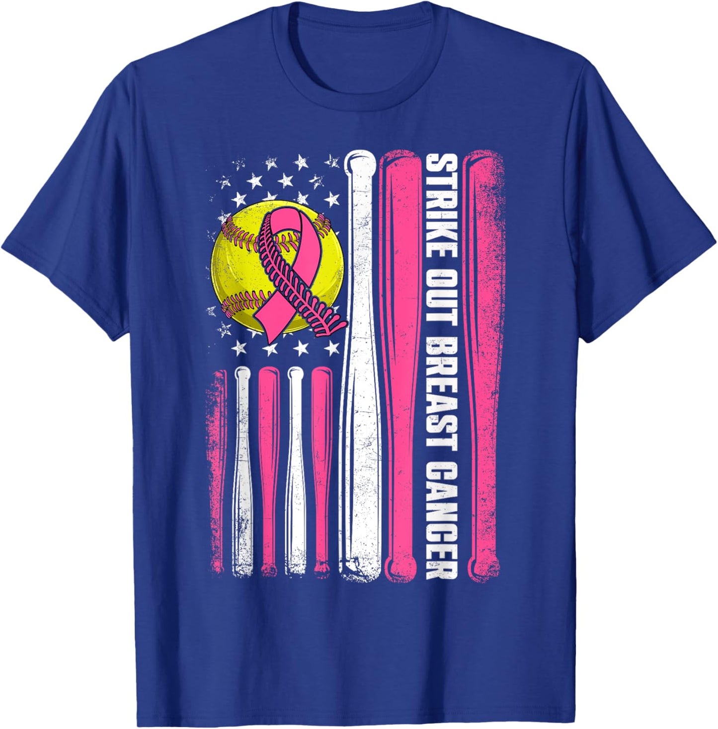 Strike Out Breast Cancer Softball American Flag Women Girls T-Shirt - T-Shirt | Royal