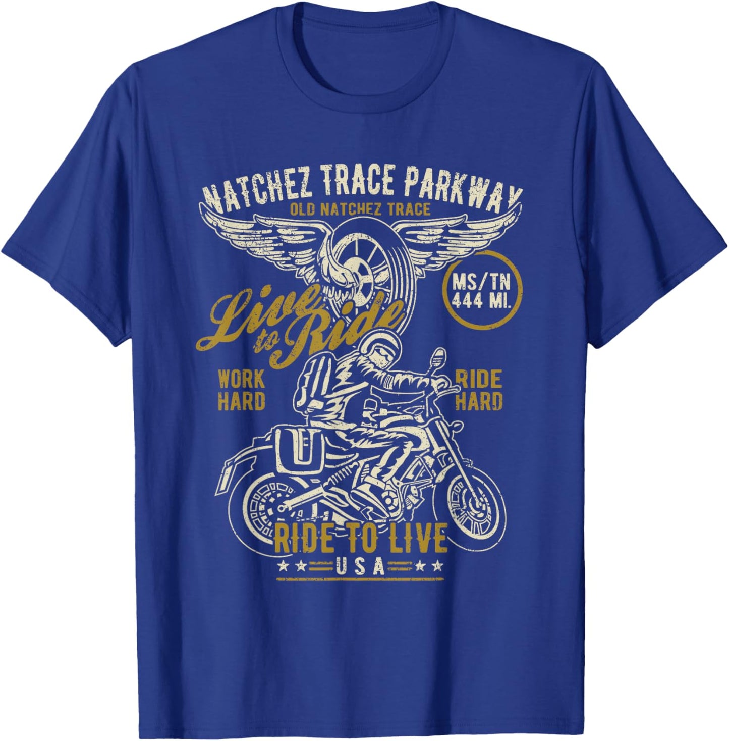 Natchez Trace Parkway MS TN USA Motorcycle Distressed Design T-Shirt - T-Shirt | Royal