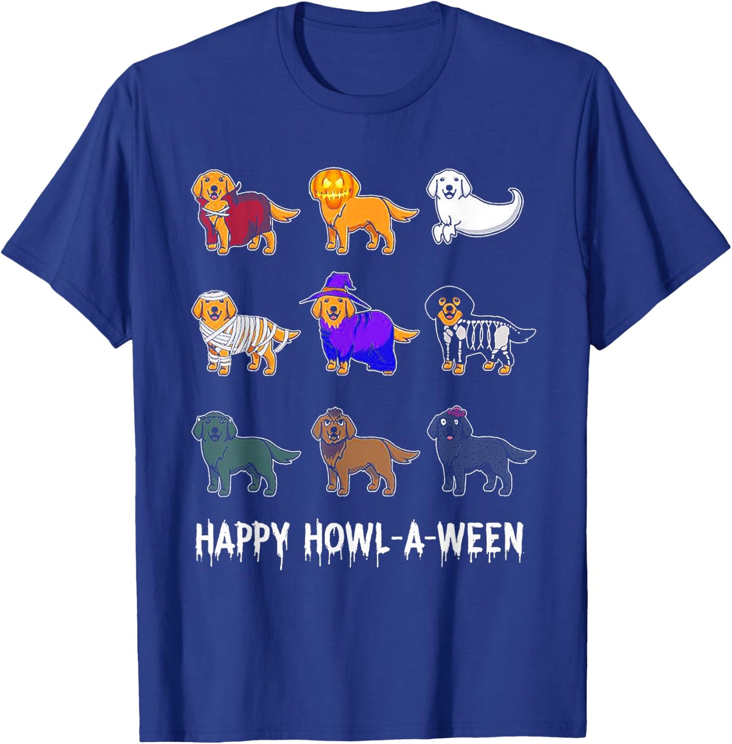 Funny Golden Retriever Dog Halloween Happy Howl-o-ween Men Women Kids T-Shirt - T-Shirt | Royal