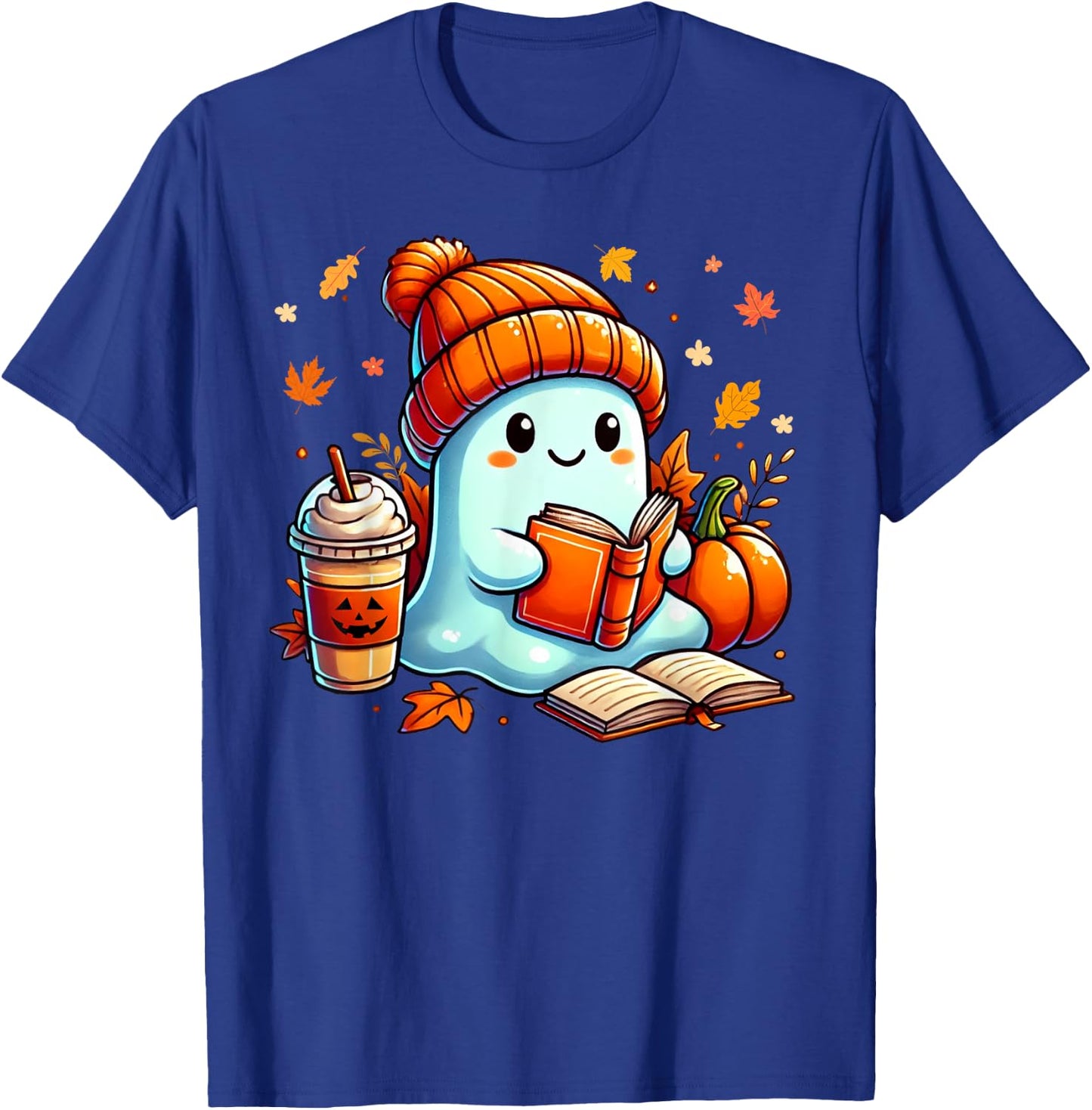Cute Ghost Reading Book Lovers Halloween Coffee and Book T-Shirt - T-Shirt | Royal