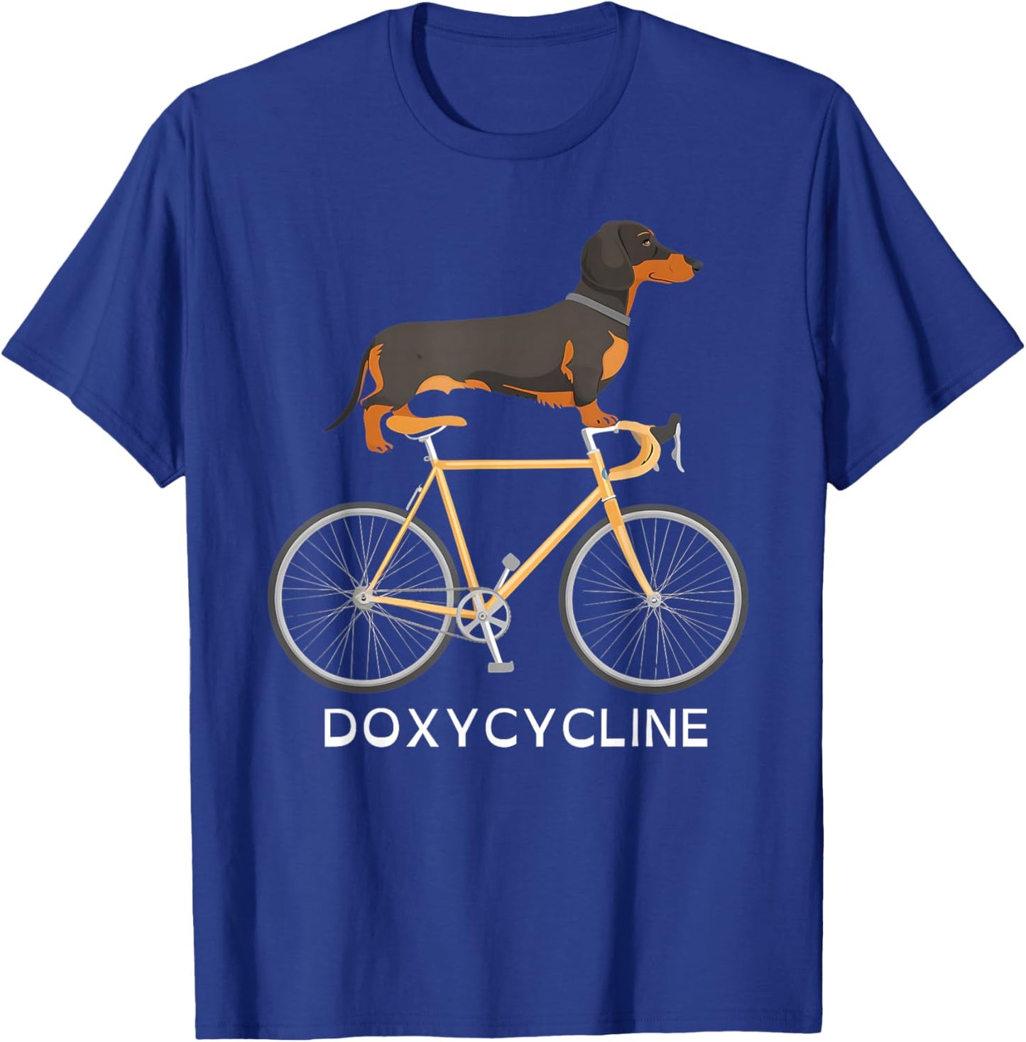 Dachshund on Bicycle Doxycycline Pharmacy Pun Dog Pharmacist Women T-Shirt - T-Shirt | Royal