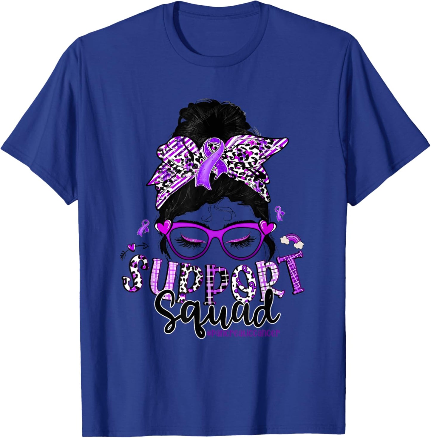 Leopard Messy Bun Support Squad Pancreatic Cancer T-Shirt - T-Shirt | Royal