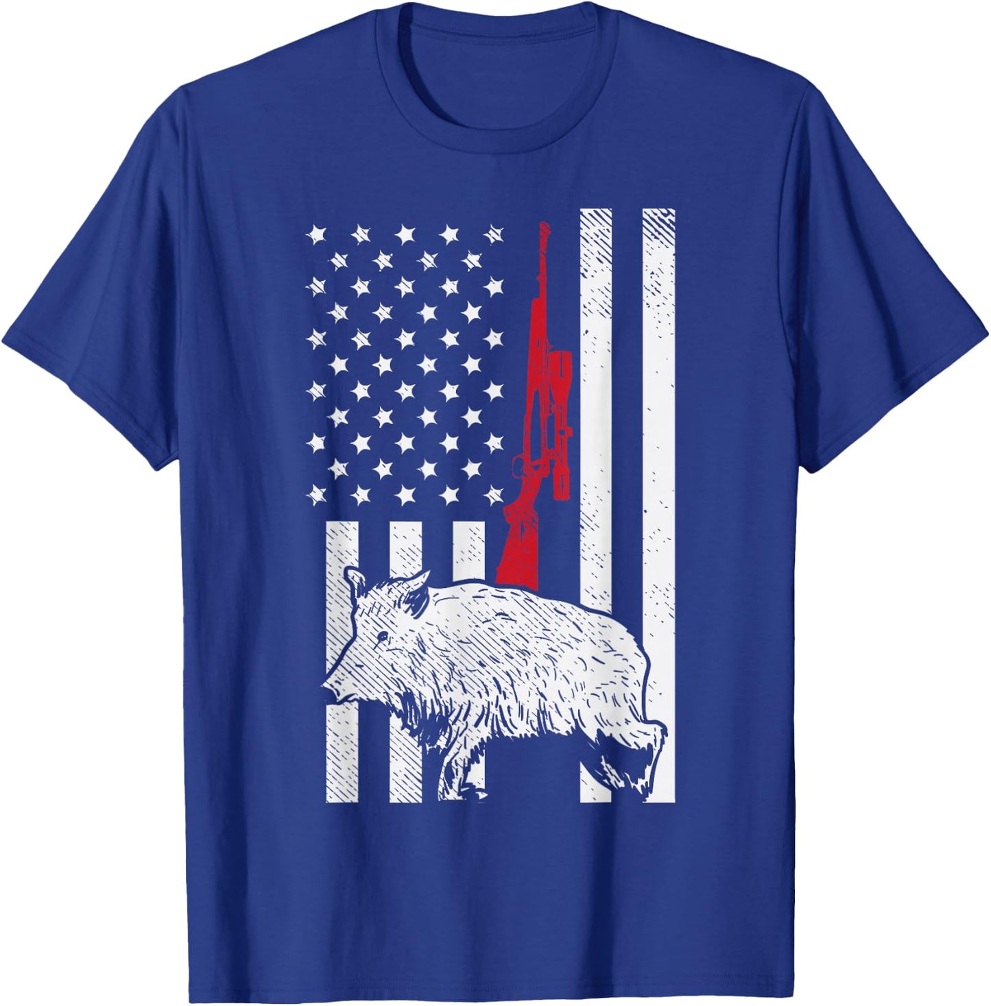 American Flag Rifle Hog Boar Pig Gun Hunting USA Hunter Gift T-Shirt - T-Shirt | Royal