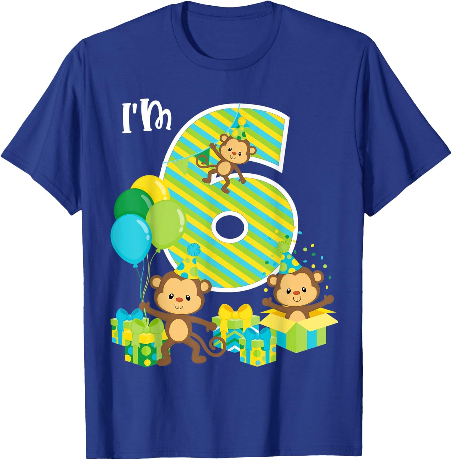 Birthday Monkey 6th Birthday Party Six Year Old Kid Toddler T-Shirt - T-Shirt | Royal