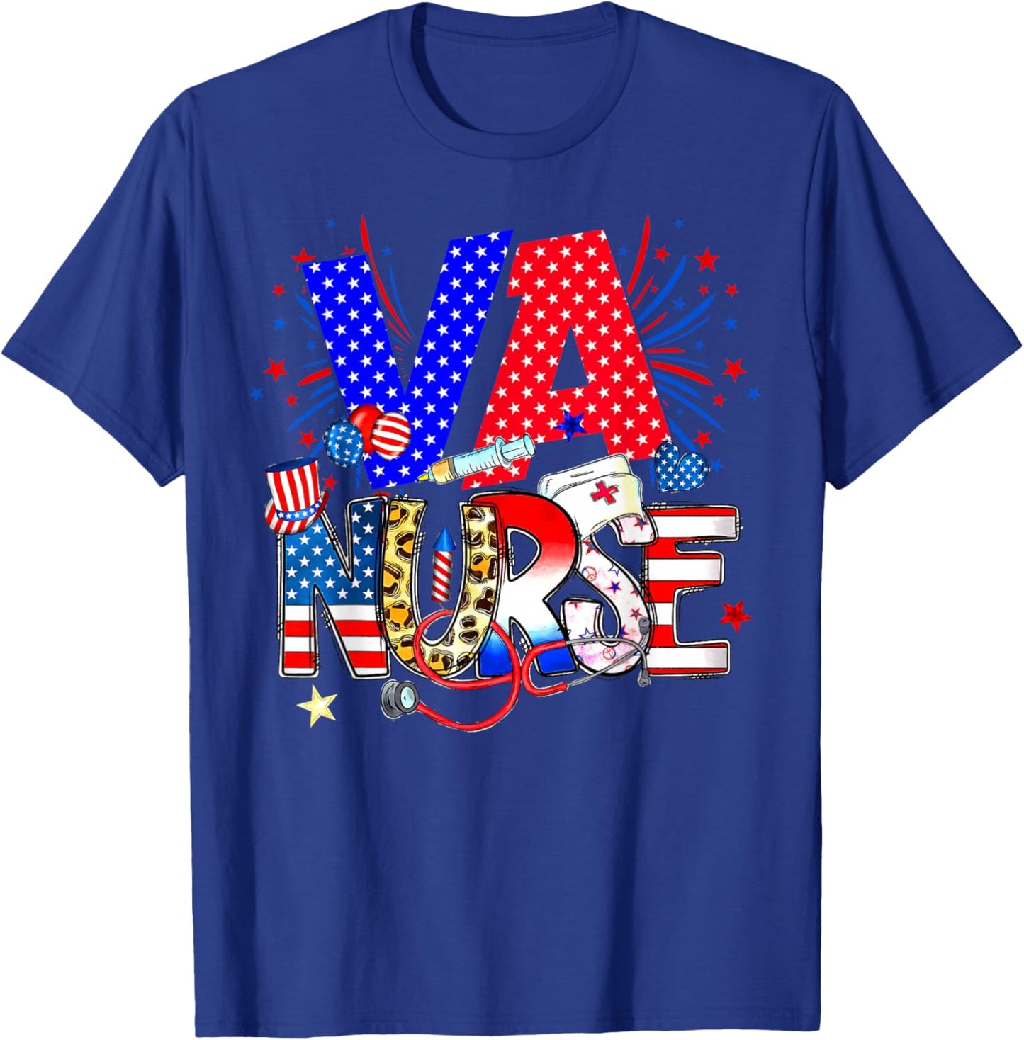 VA Nurse 4th Of July American Flag Stethoscope T-Shirt - T-Shirt | Royal