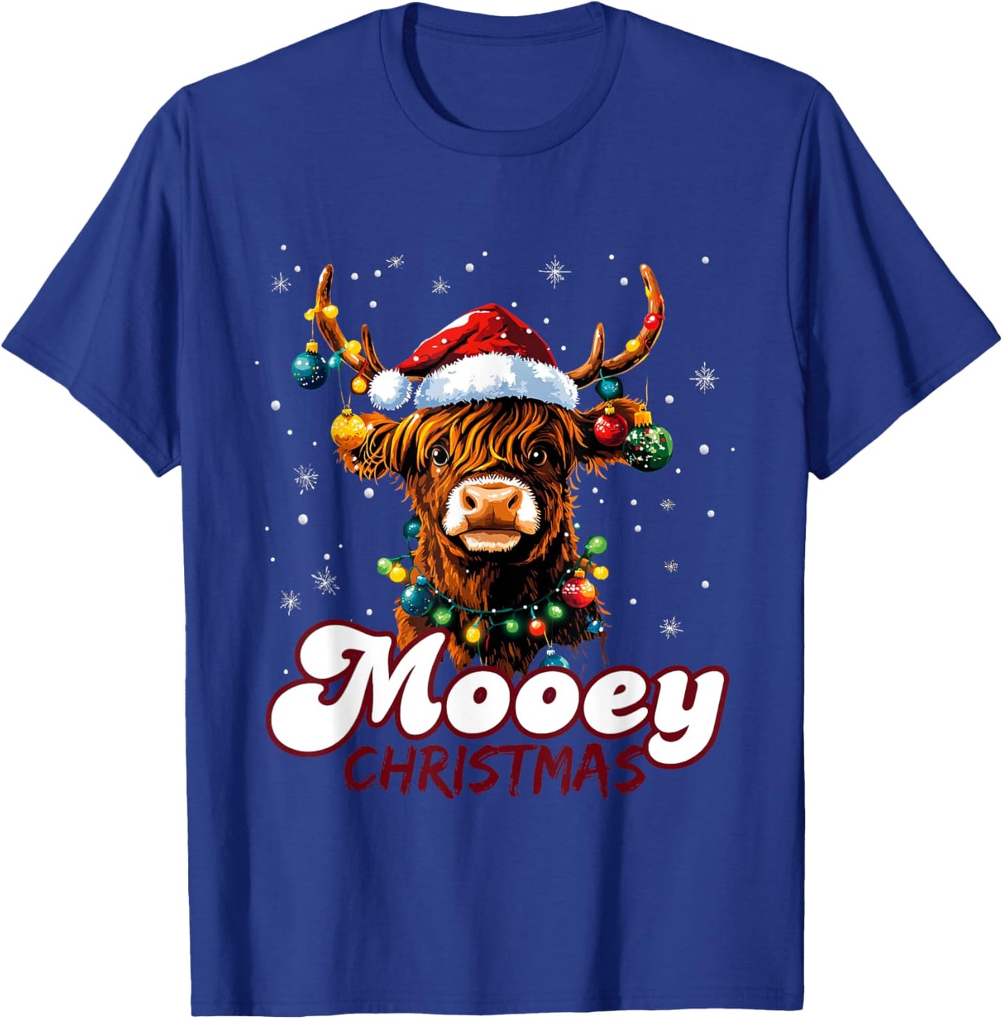 Mooey Christmas Highland Cow with Santa Hat and Xmas Lights T-Shirt - T-Shirt | Royal