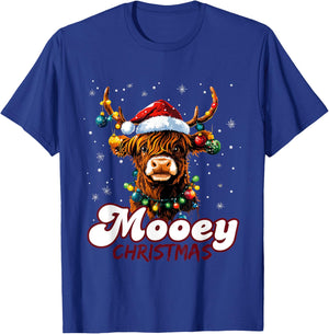 Mooey Christmas Highland Cow with Santa Hat and Xmas Lights T-Shirt - T-Shirt | Royal