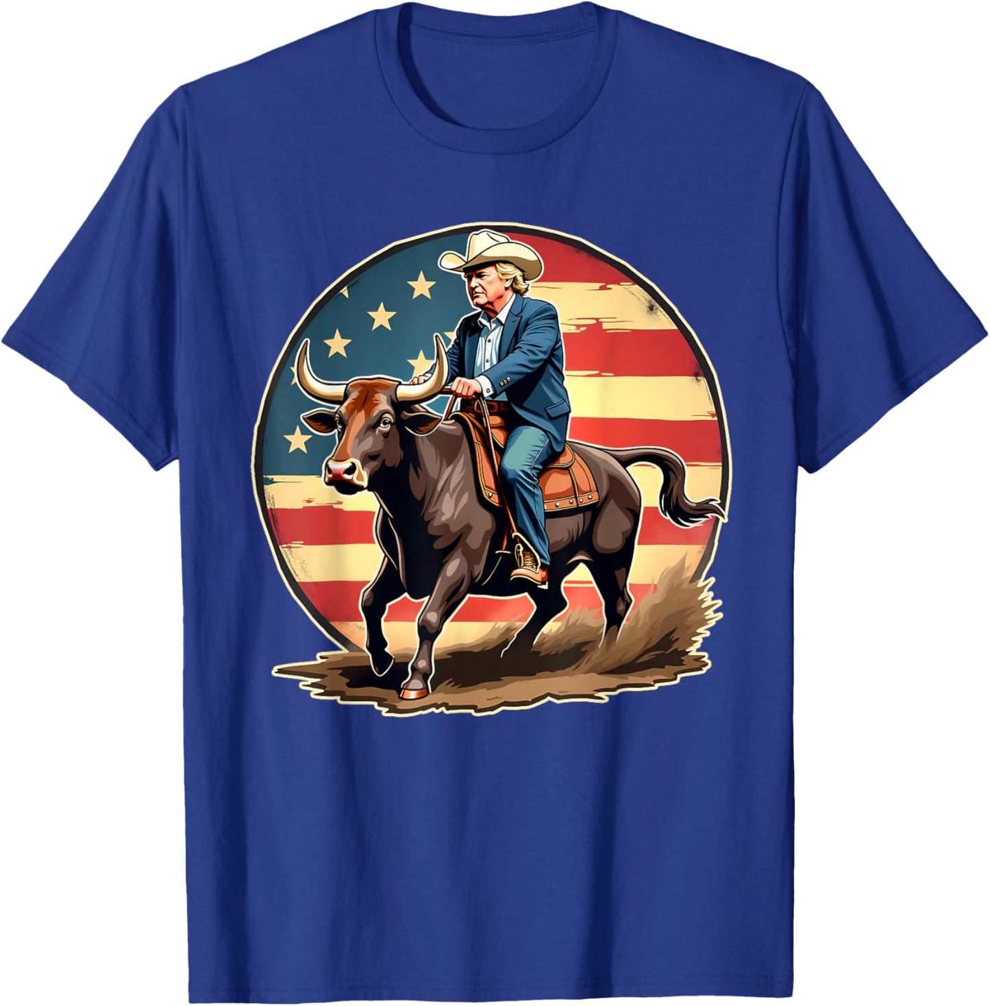 Trump Bull Rider American Flag USA Riding Rodeo Cowboy T-Shirt - T-Shirt | Royal