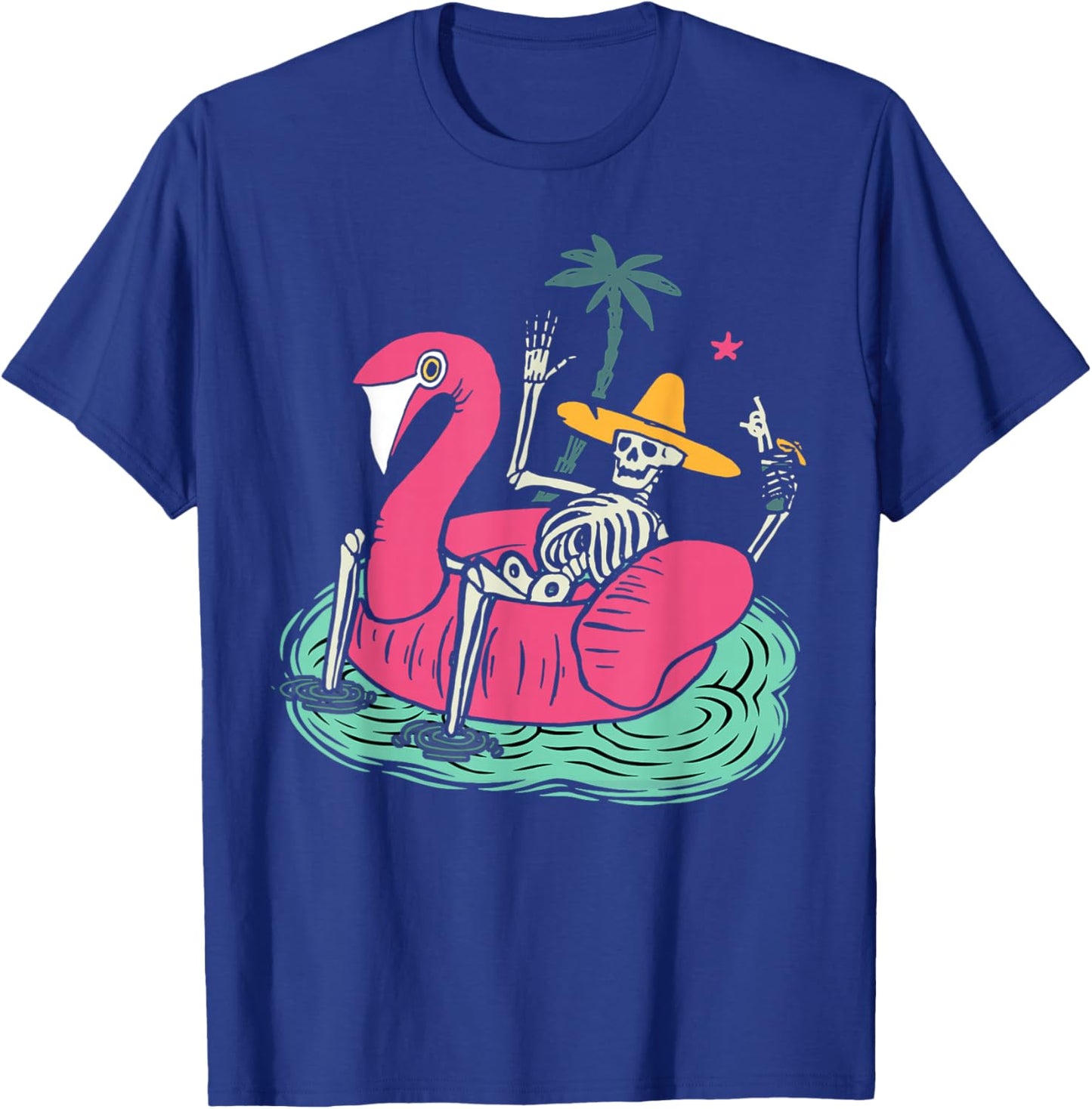 Skeleton Flamingo Float Vacation Beach Drink Retro Halloween Men Women T-Shirt - T-Shirt | Royal