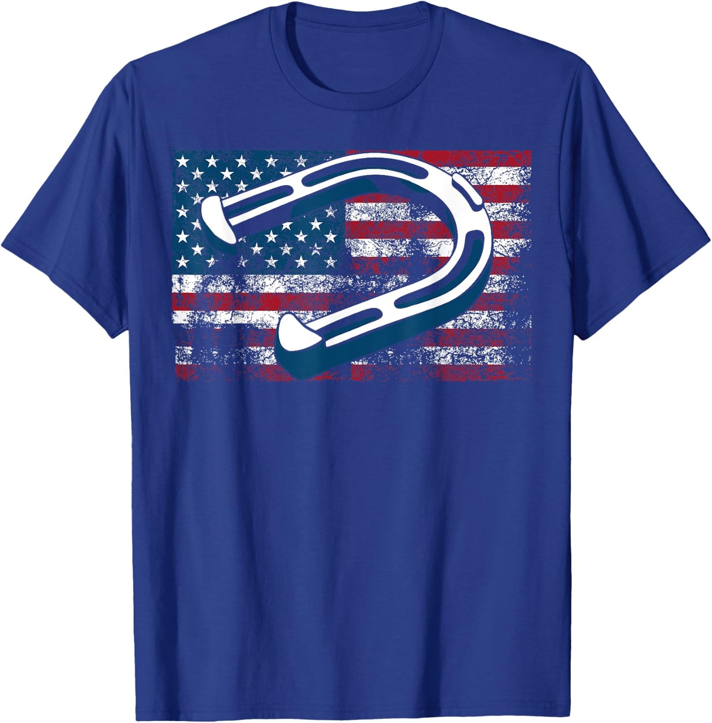 Cool Horseshoe Pitching USA Flag | Funny US Pitcher Fan Gift T-Shirt - T-Shirt | Royal