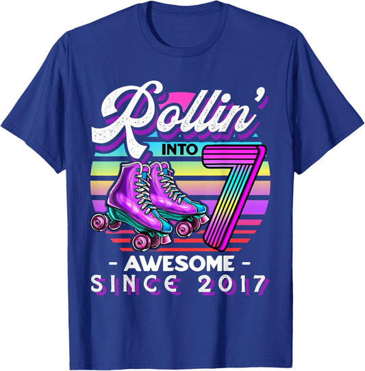Roller Skating 7th Birthday Girls Rollin into 7 Awesome 2017 T-Shirt - T-Shirt | Royal
