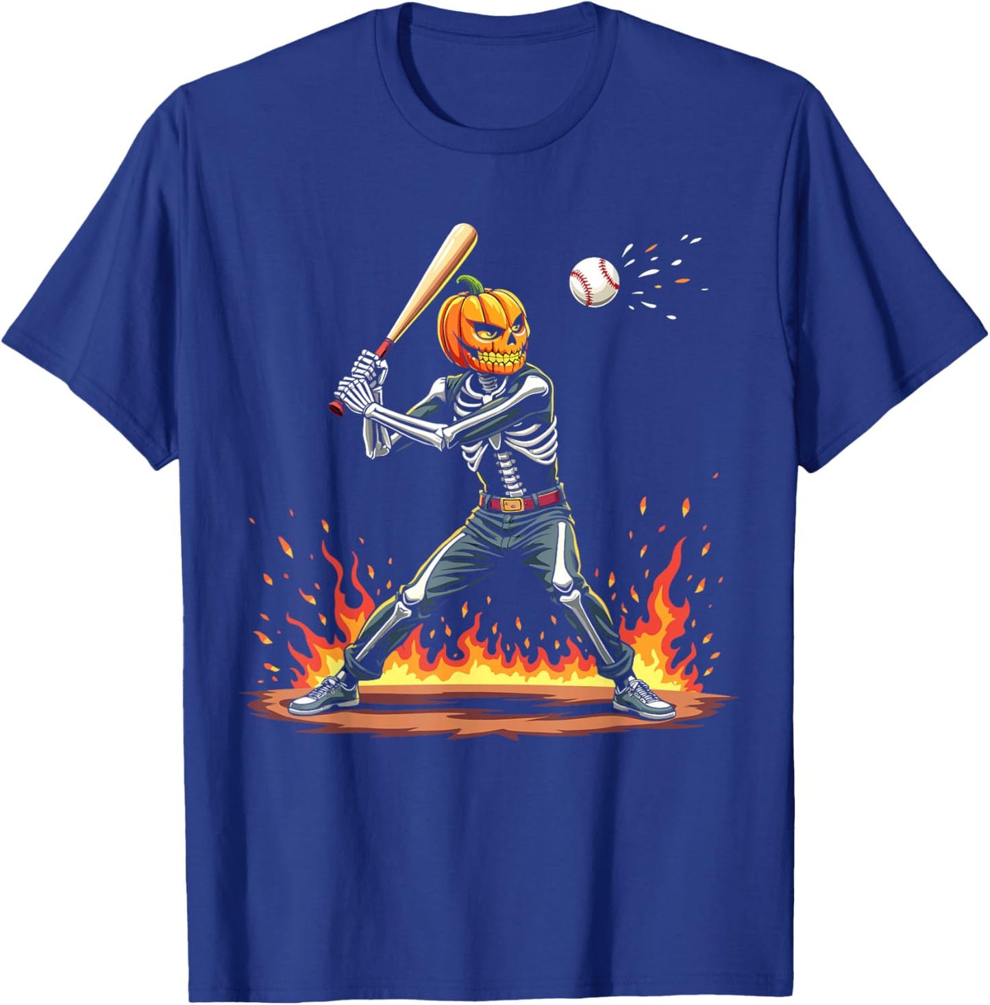 Pumpkin Head Skeleton Baseball Halloween Spooky Sports T-Shirt - T-Shirt | Royal