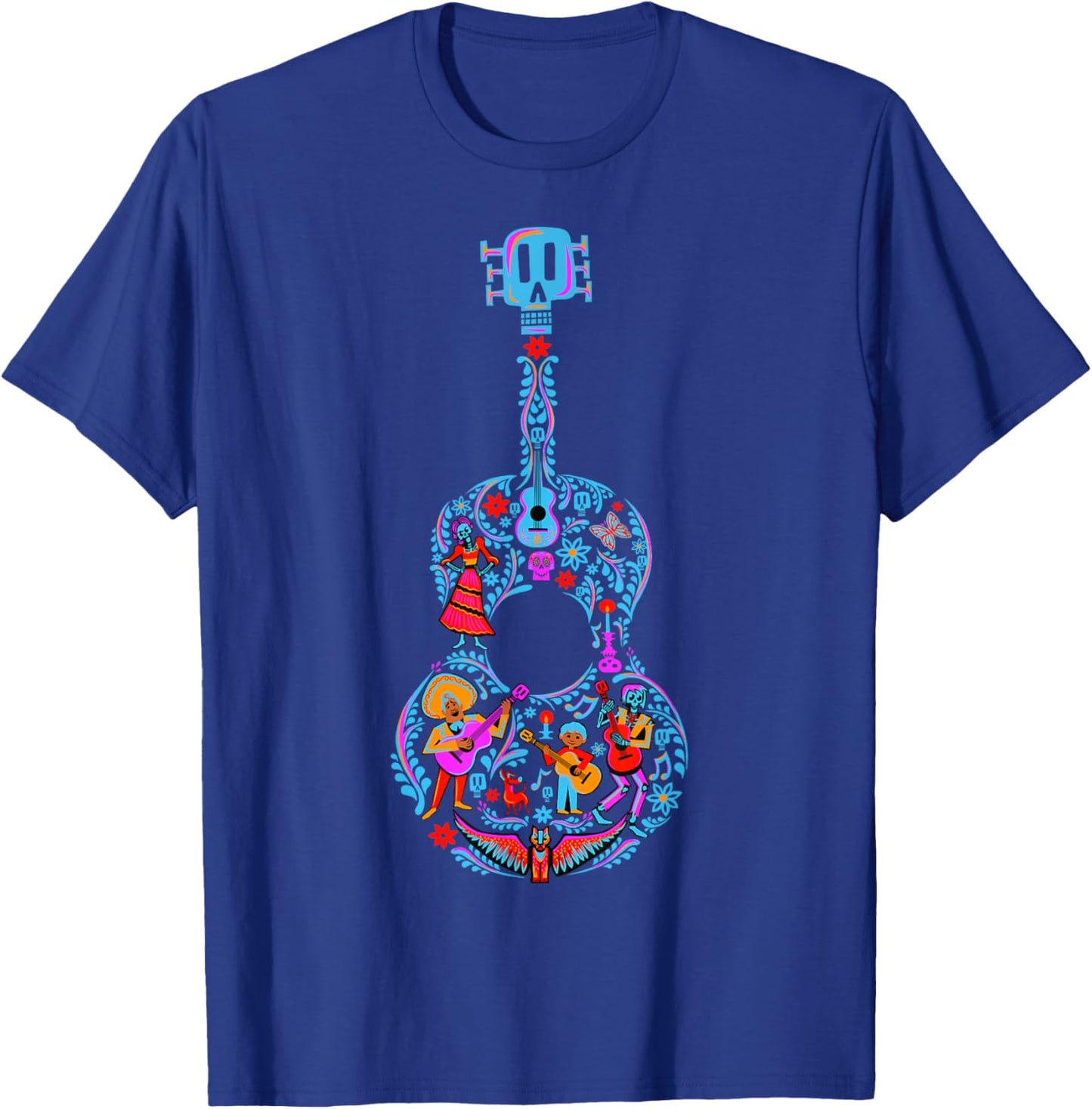 Disney Pixar Coco Guitar Collage Day Of The Dead Style Logo T-Shirt - T-Shirt | Royal