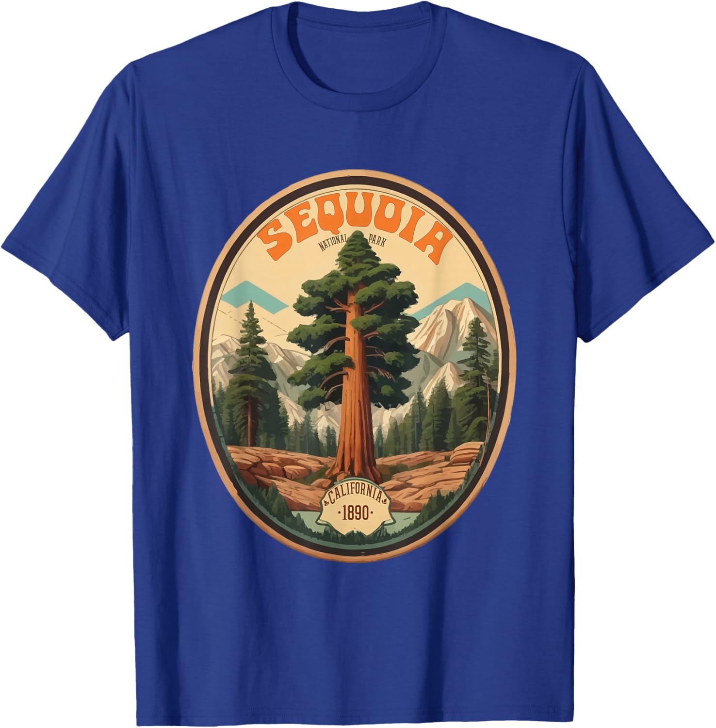 Sequoia National Park Tree Illustration Hiking Retro Badge T-Shirt - T-Shirt | Royal