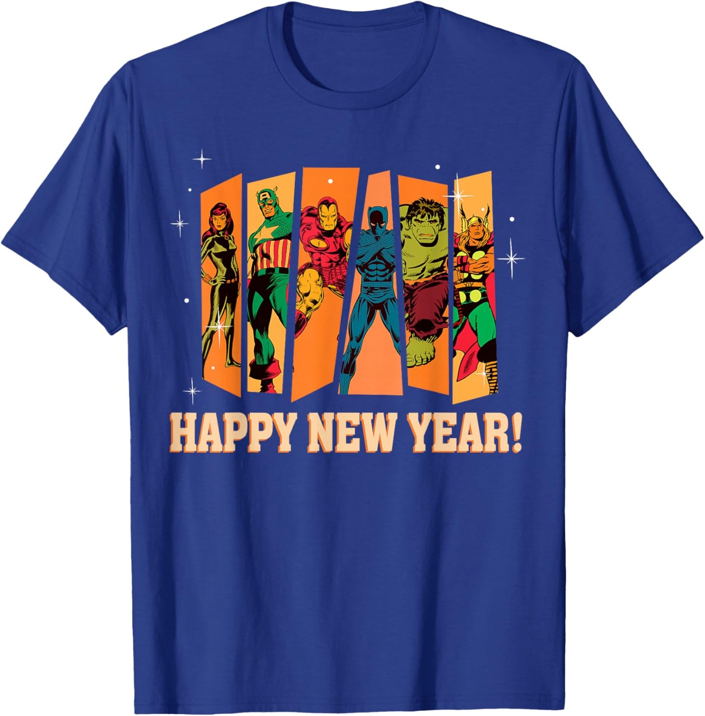 Marvel Avengers Retro Vintage Seventies Comic Happy New Year T-Shirt - T-Shirt | Royal