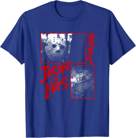 Friday The 13th Jason Lives Camp Collage T-Shirt - T-Shirt | Royal