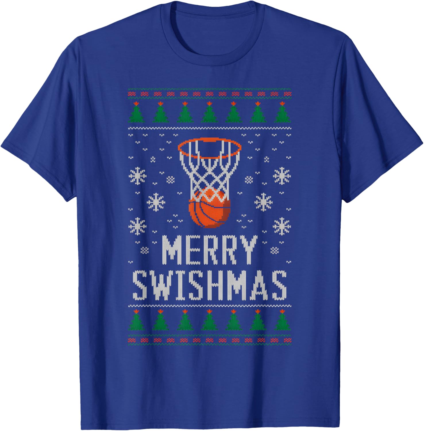 Merry Swishmas X-Mas Basketball Ugly Christmas Sweater Style T-Shirt - T-Shirt | Royal