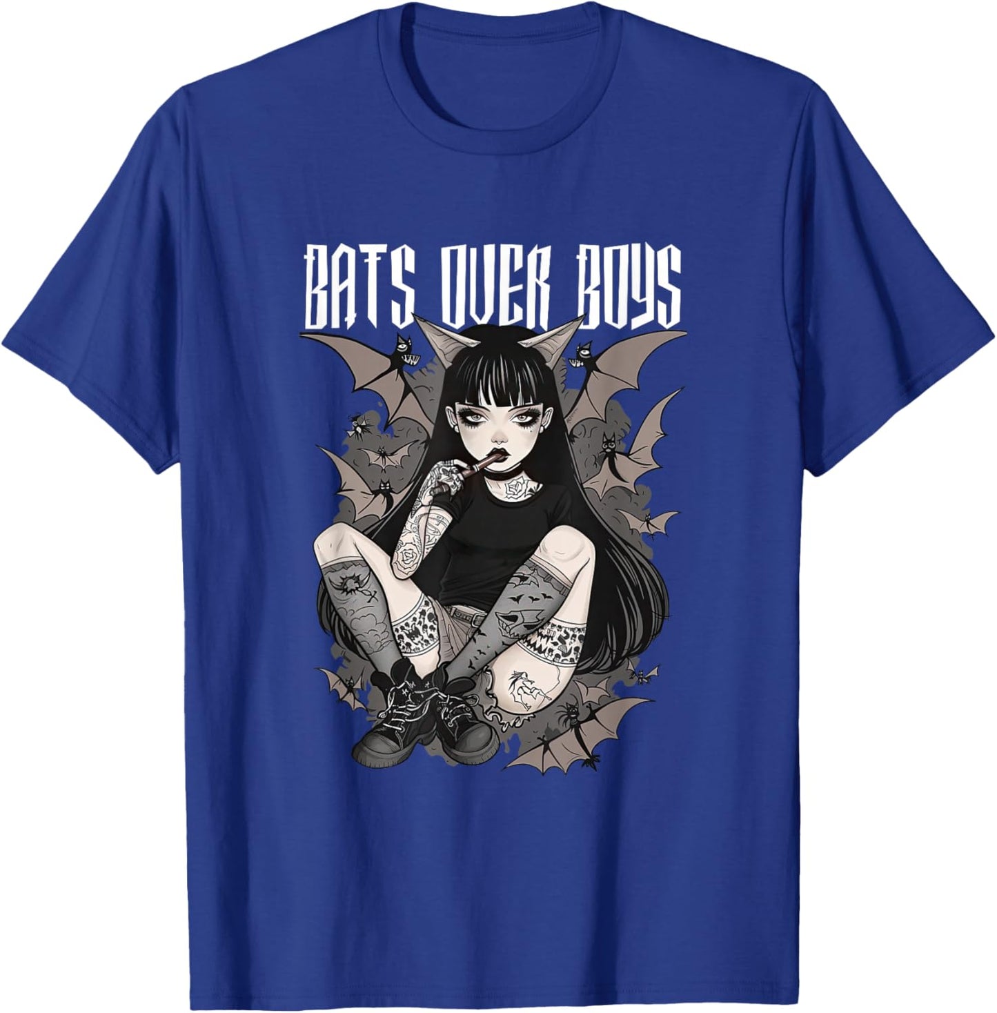 Bats Over Boys Quote Dark Aesthetic Spooky Gothic Anime Girl T-Shirt - T-Shirt | Royal