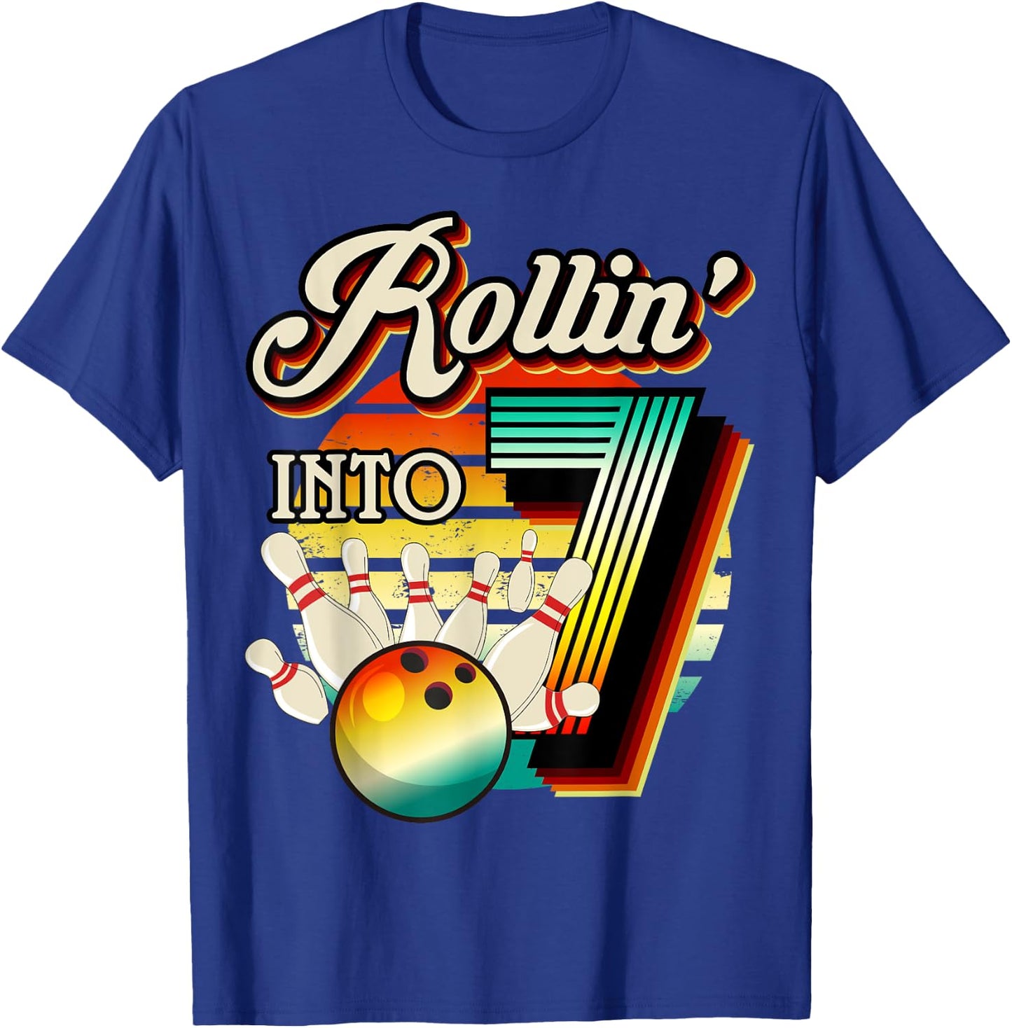 Rollin into Bowling 7 Year Old Retro Birthday 7th Bday Party T-Shirt - T-Shirt | Royal