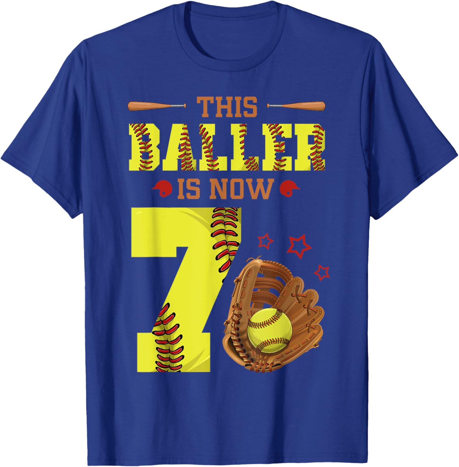 7th Birthday Softball This Baller Is Now Seven Girl 7 Yr Old T-Shirt - T-Shirt | Royal