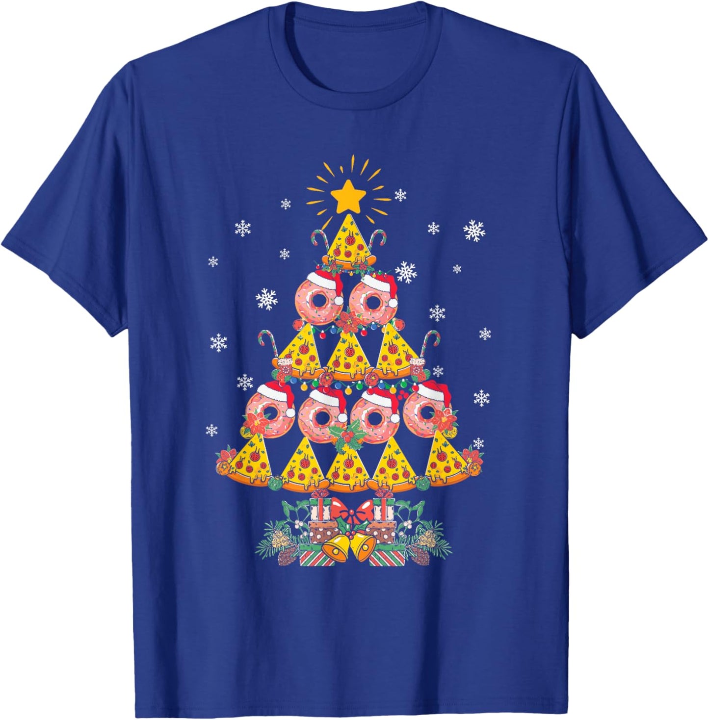 Pizza & Donut Funny Christmas Tree Merry Xmas Crustmas light T-Shirt - T-Shirt | Royal