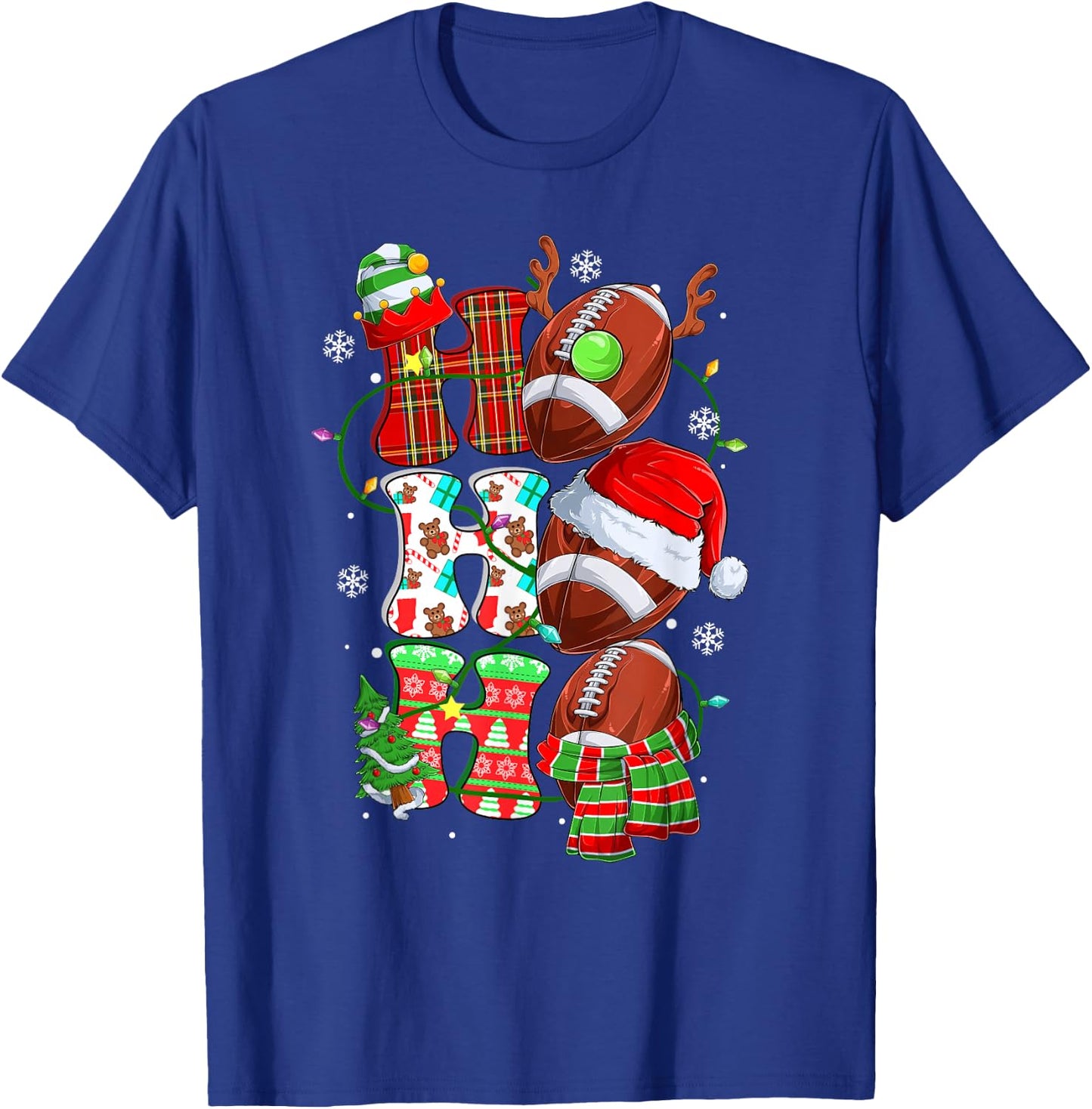 Christmas Ho Ho Ho Santa Reindeer Matching Football Pajama T-Shirt - T-Shirt | Royal