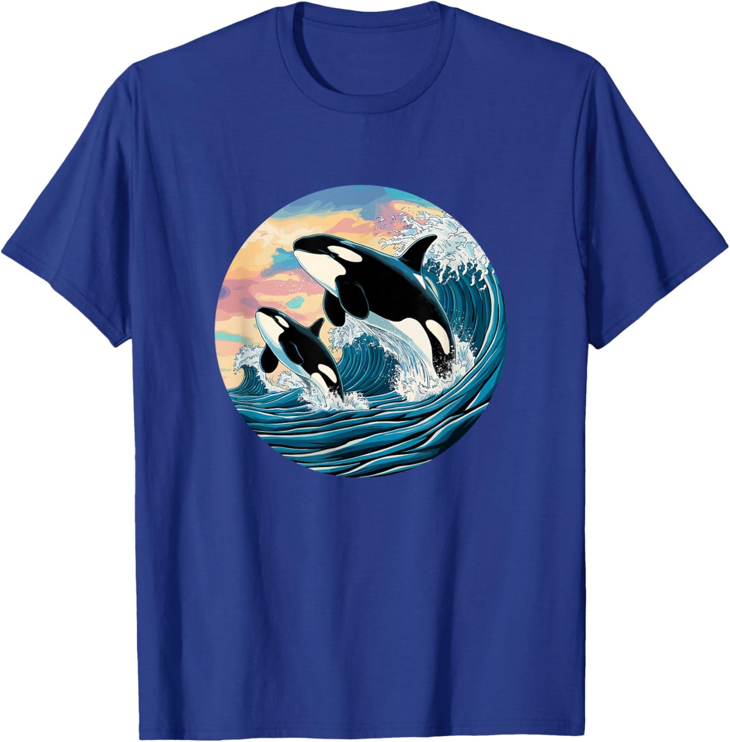 Orca Wave Ocean Sunset Marine Life Fan Outfit Kids Black Small Modern Cartoon Orca Jumping Waves Ocean Sunset Marine Life Enthusiast T-Shirt - T-Shirt | Royal