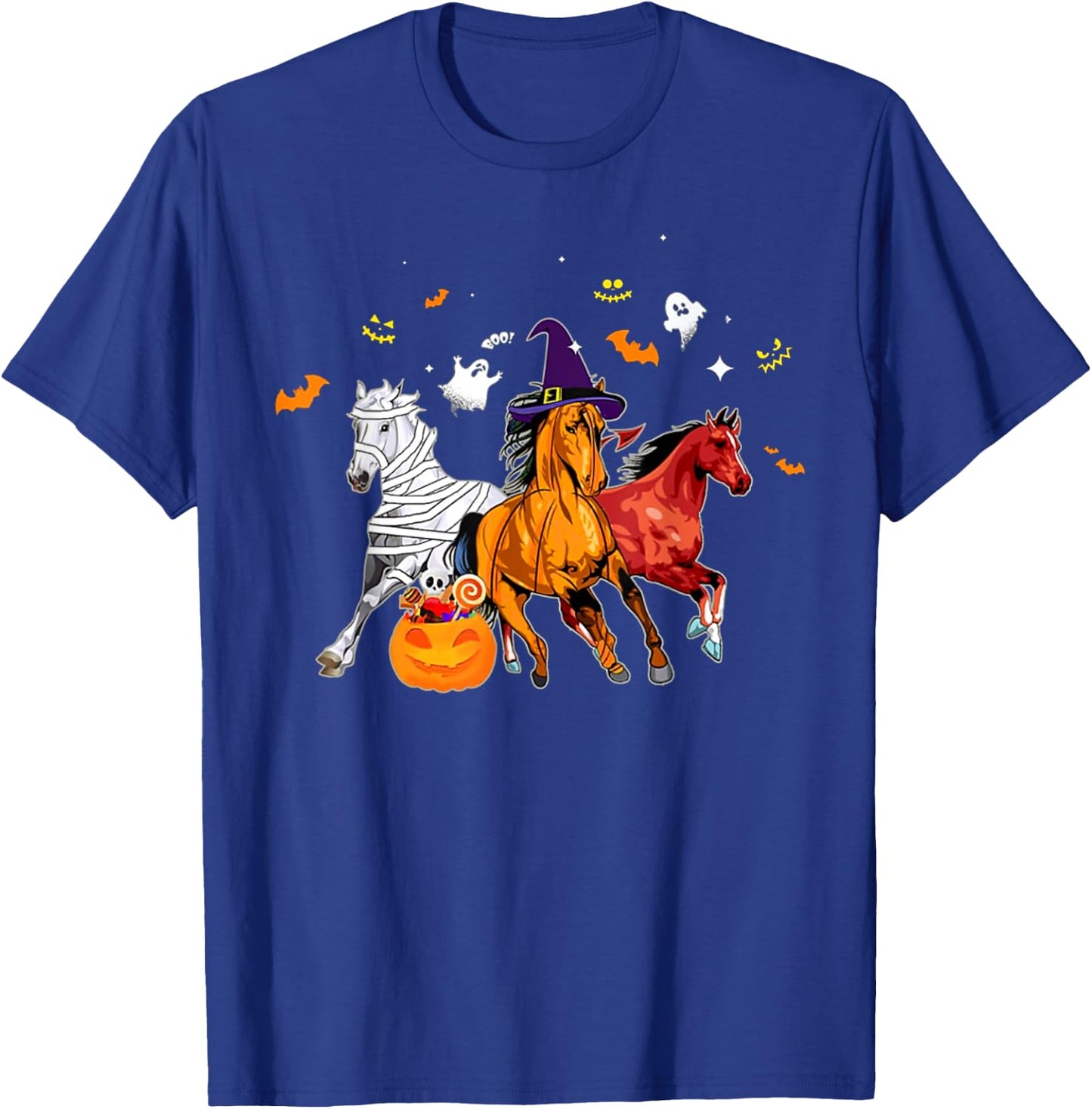 Cute Horse In Halloween Costume Horse Zombie Witch Pumpkin T-Shirt - T-Shirt | Royal