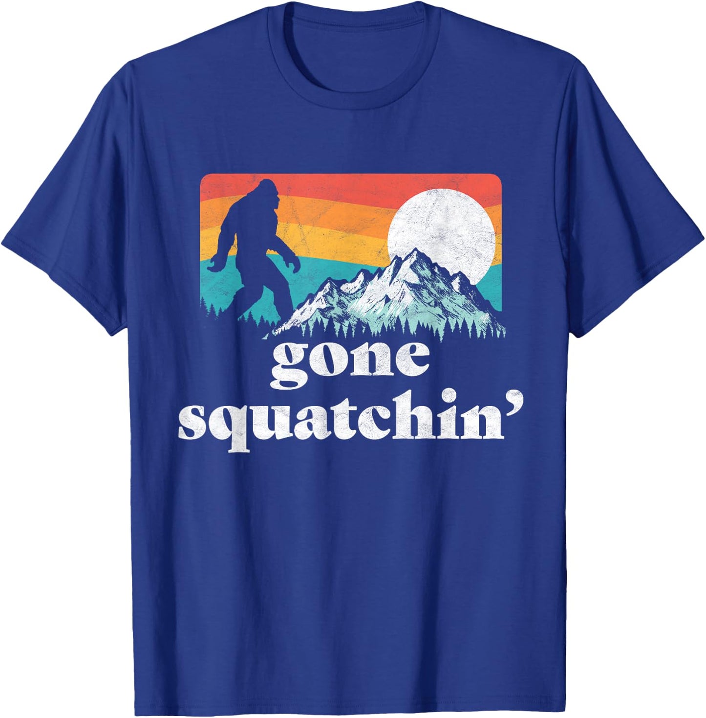 Gone Squatchin'! Funny Bigfoot Mountains Retro Graphic T-Shirt - T-Shirt | Royal