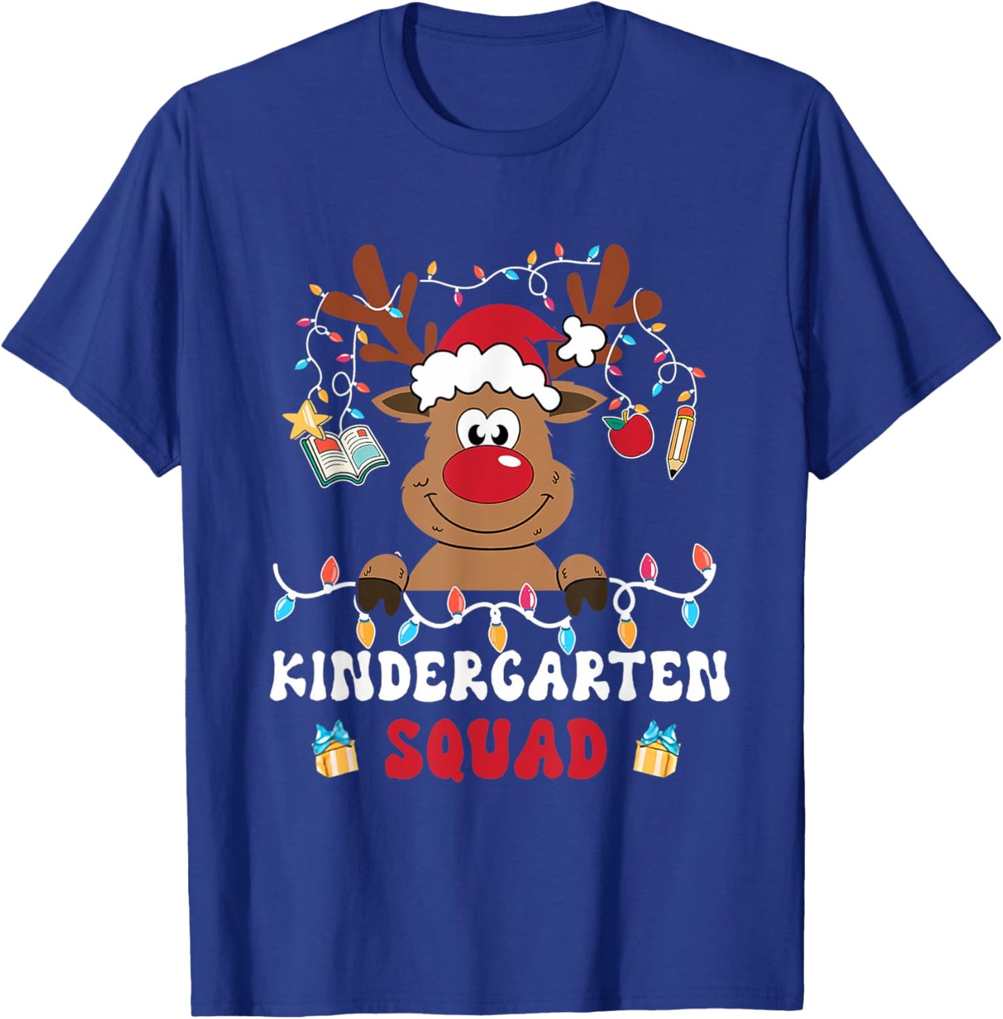 Kindergarten Squad Plaid Reindeer Santa Teacher Christmas T-Shirt - T-Shirt | Royal