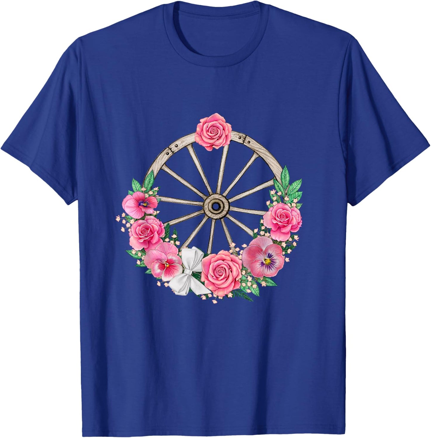 Country Wagon Wheel with Pink Roses and Panses T-Shirt - T-Shirt | Royal
