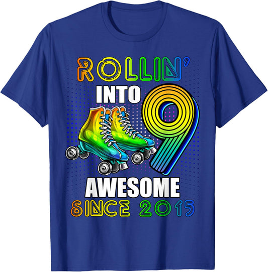 Roller Skating 9th Birthday Boys Rollin into 9 Awesome 2015 T-Shirt - T-Shirt | Royal