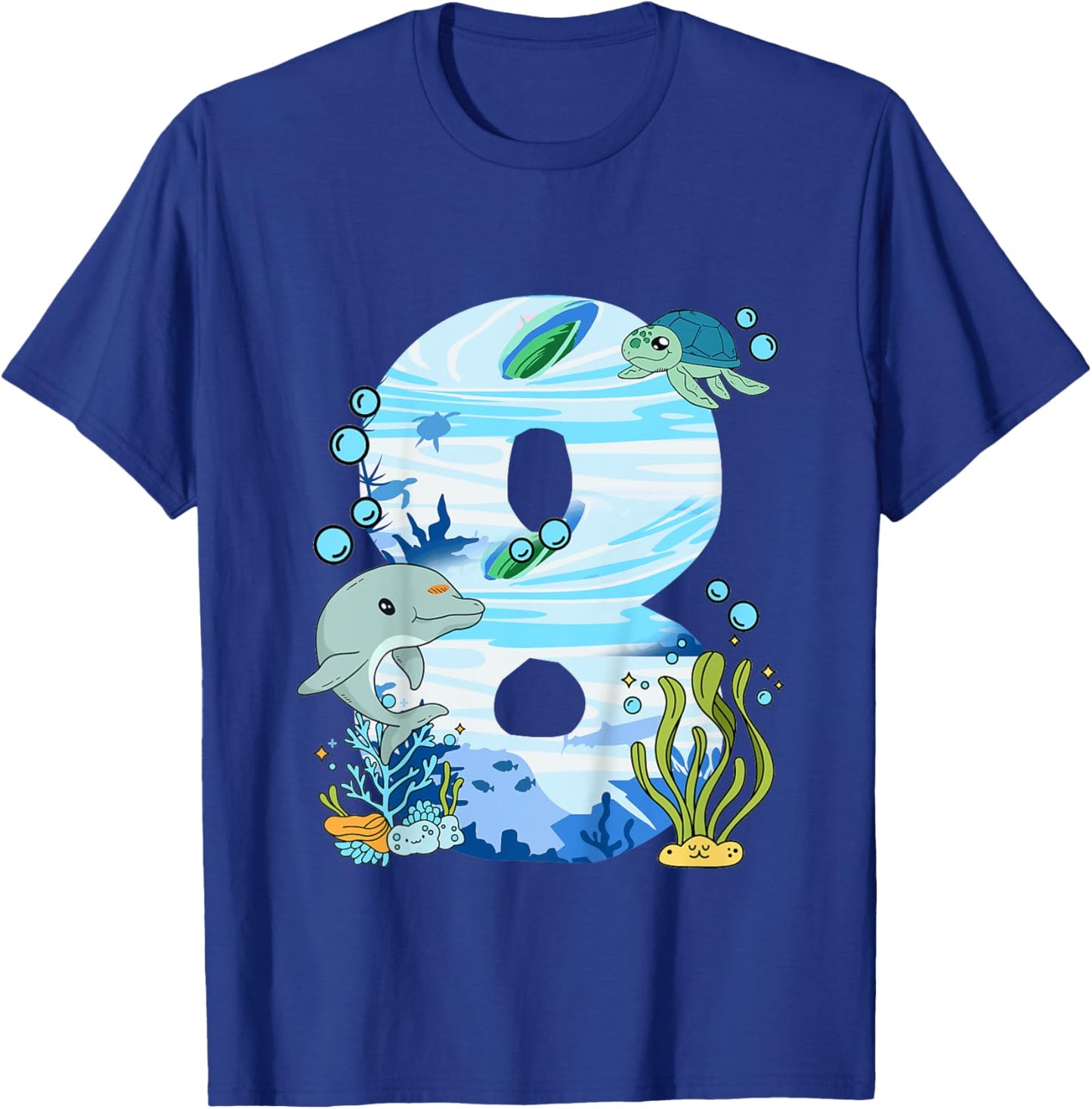 Underwater 8 Years Old - Dolphin And Turtle 8th Birthday T-Shirt - T-Shirt | Royal