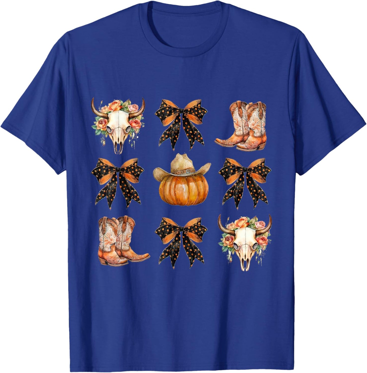 Coquette Bow Halloween, Skull Western Autumn, Howdy Pumpkin T-Shirt - T-Shirt | Royal