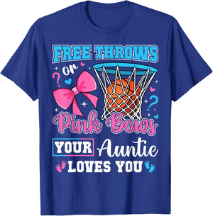 Free Throws or Pink Bows Auntie Loves You Baby Gender Reveal T-Shirt - T-Shirt | Royal