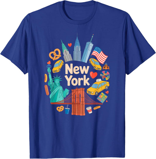 New York City Icons Cartoon Style Urban Collage Art T-Shirt - T-Shirt | Royal