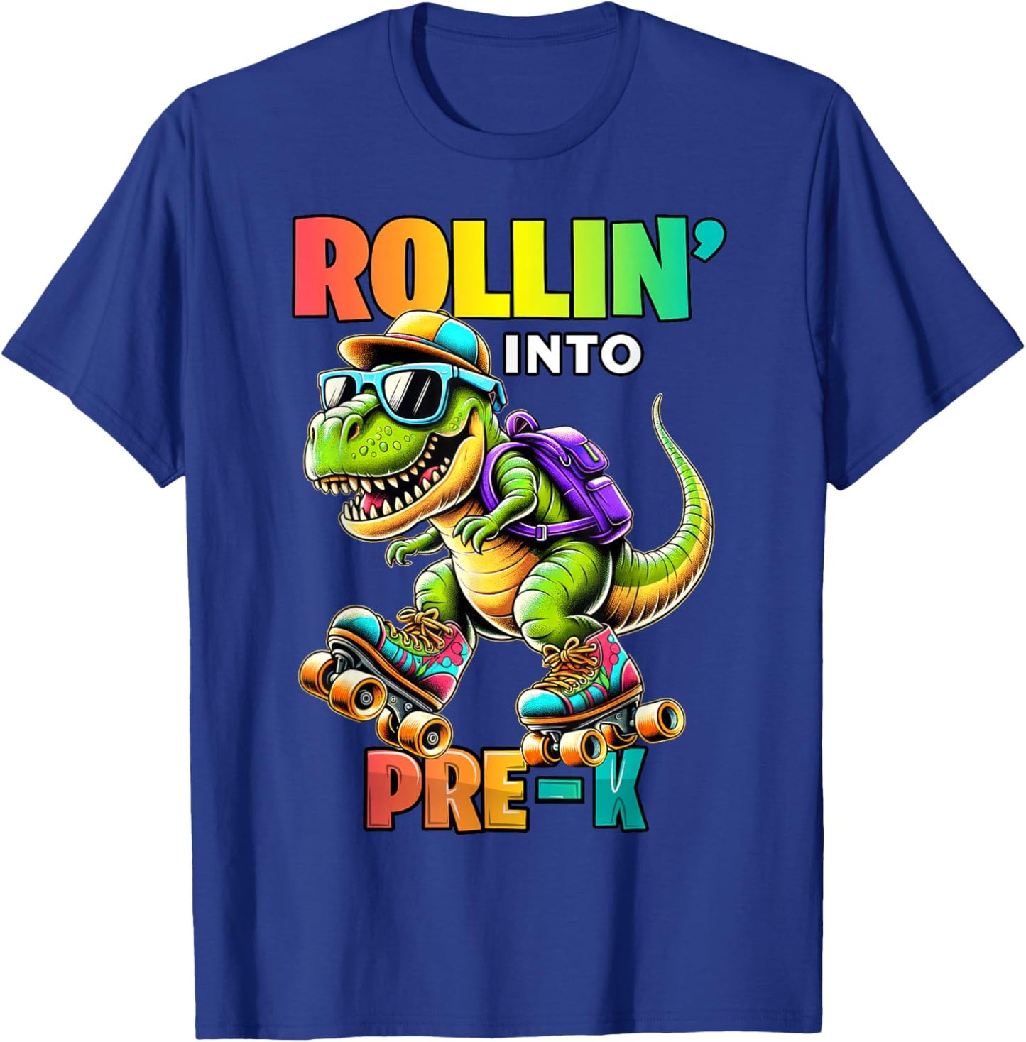 Pre-K Back To School First Day Boys Rollin into Pre-K T Rex T-Shirt - T-Shirt | Royal