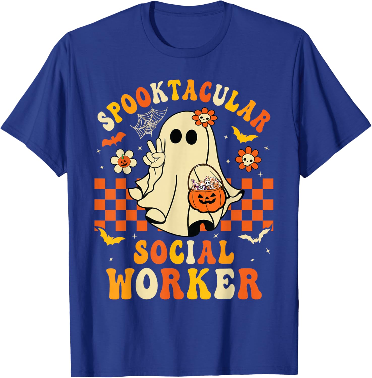 Groovy Spooktacular School Social Worker Halloween Ghost T-Shirt - T-Shirt | Royal
