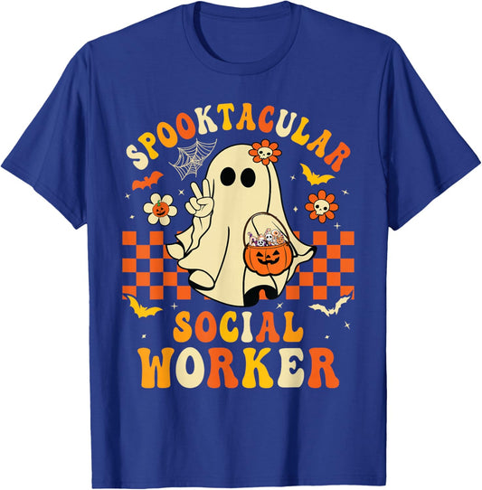 Groovy Spooktacular School Social Worker Halloween Ghost T-Shirt - T-Shirt | Royal