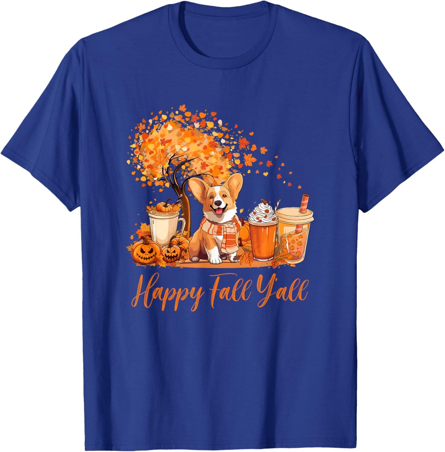 Happy Fall Y'all Corgi Autumn Pumpkin Spice Latte T-Shirt - T-Shirt | Royal
