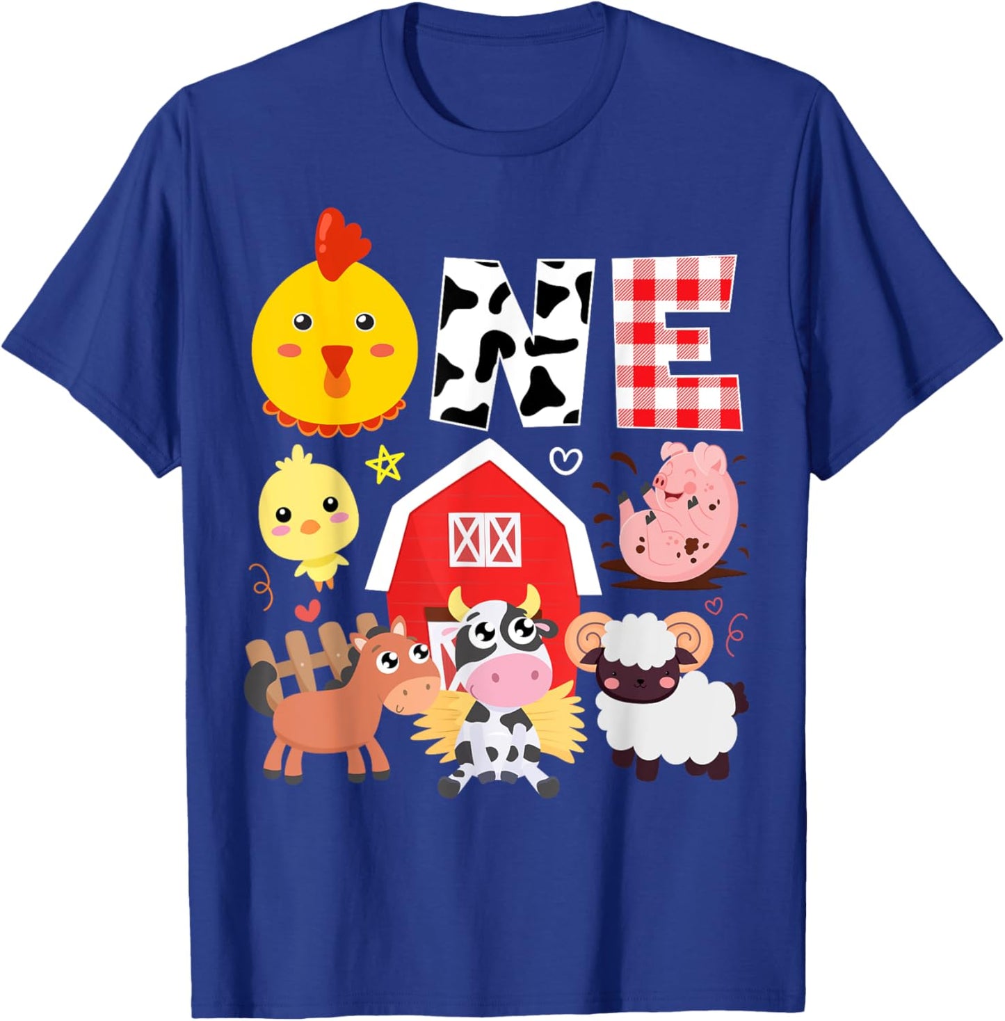 1st Birthday One Year Old Farm Theme Animals Birthday Party T-Shirt - T-Shirt | Royal