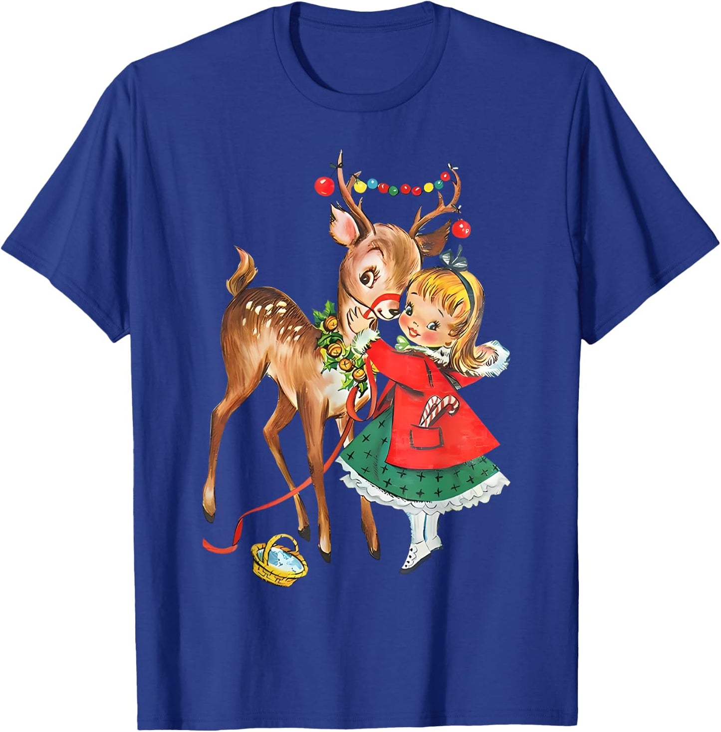 Vintage 1950s Old Fashioned Family Christmas Retro Christmas Reindeer And Girl Mid Century Xmas T-Shirt - T-Shirt | Royal