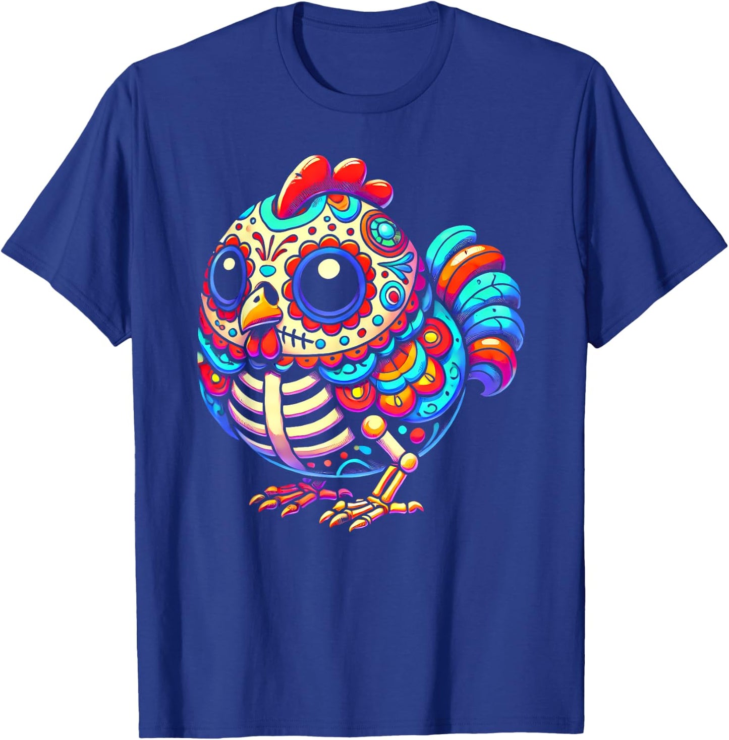 Colorful Sugar Skull Chicken Día de los Muertos Fun Skeleton T-Shirt - T-Shirt | Royal