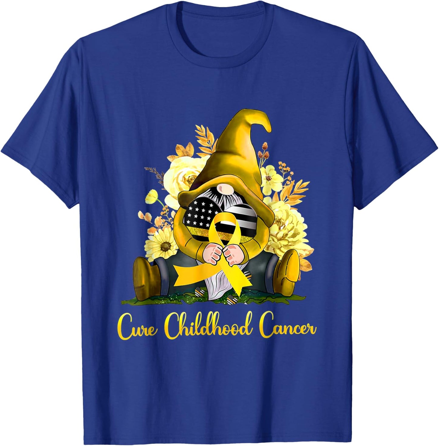 Cure Childhood Cancer Awareness Gold Ribbon Gnome Sunflower T-Shirt - T-Shirt | Royal
