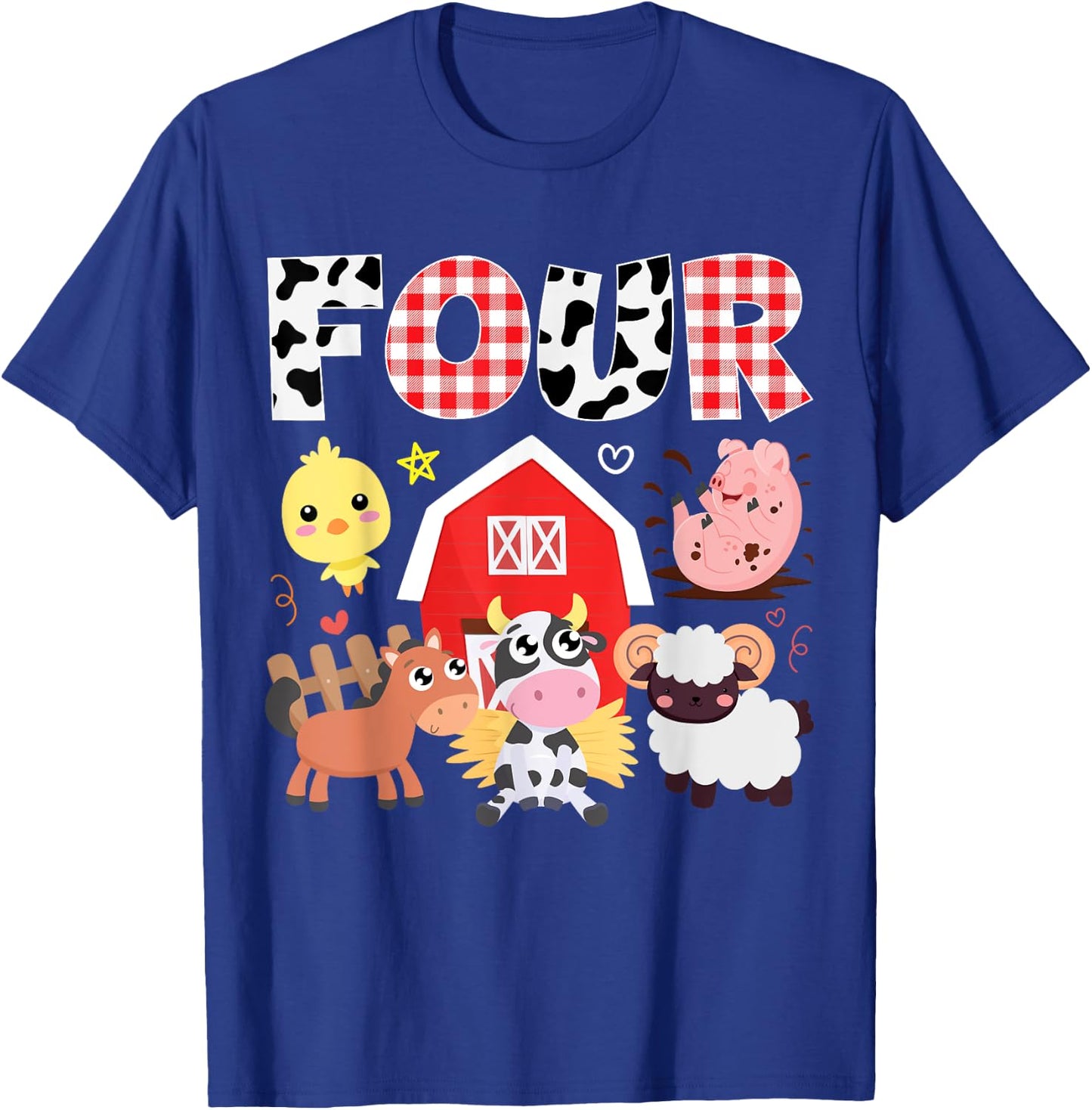 4th Birthday Four Year Old Farm Theme Animals Birthday Party T-Shirt - T-Shirt | Royal