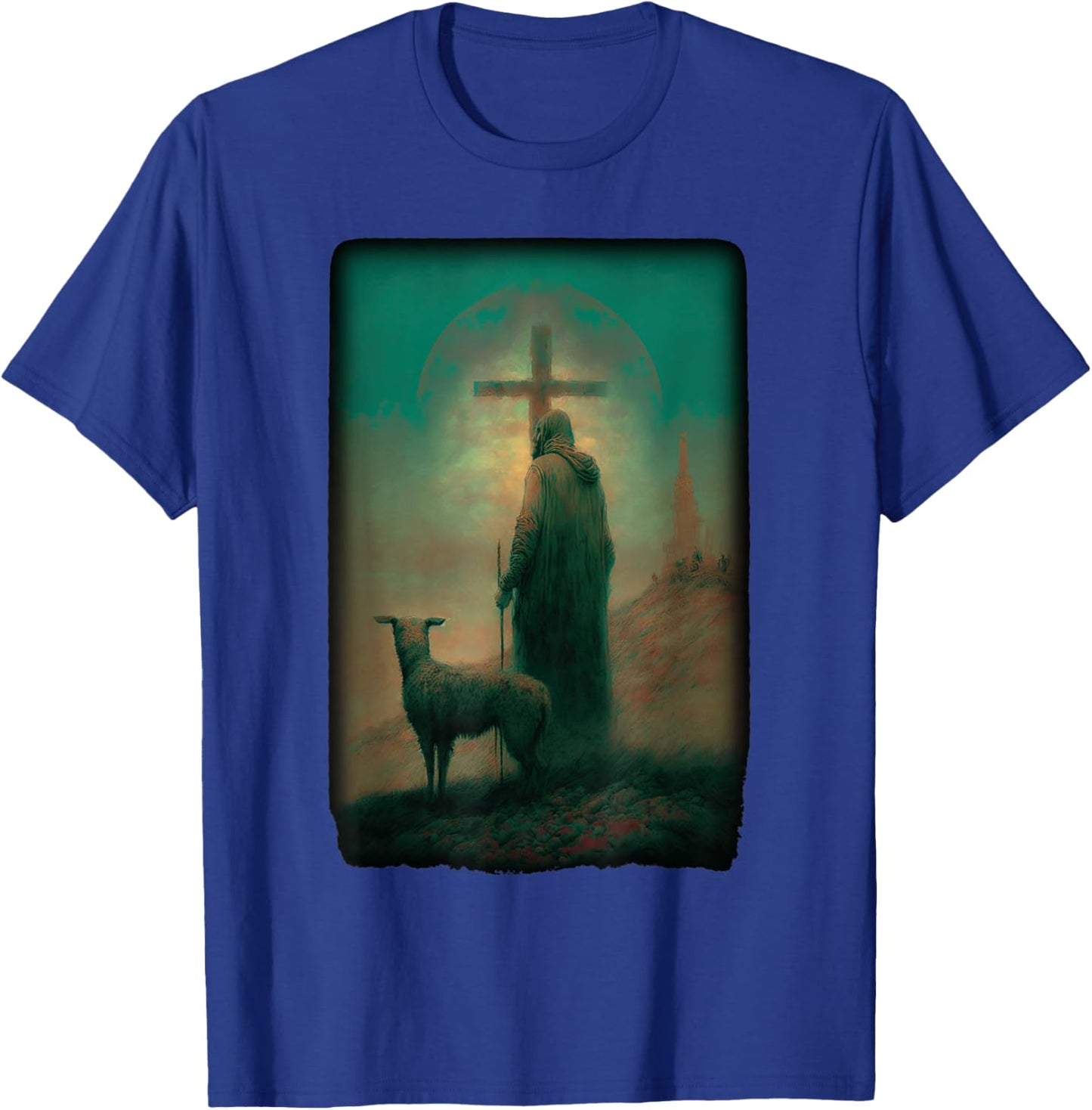 Biblical Jesus Lamb of God Sheep Shepard with Cross Old Art T-Shirt - T-Shirt | Royal