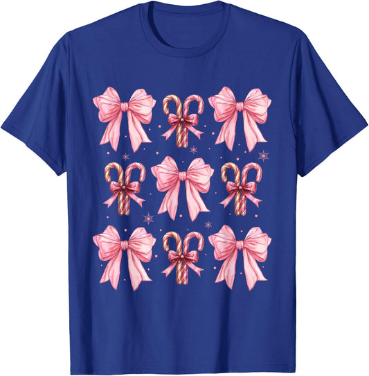 Coquette Bow Candy Canes Christmas Women Girls Teen Pink Bow T-Shirt - T-Shirt | Royal