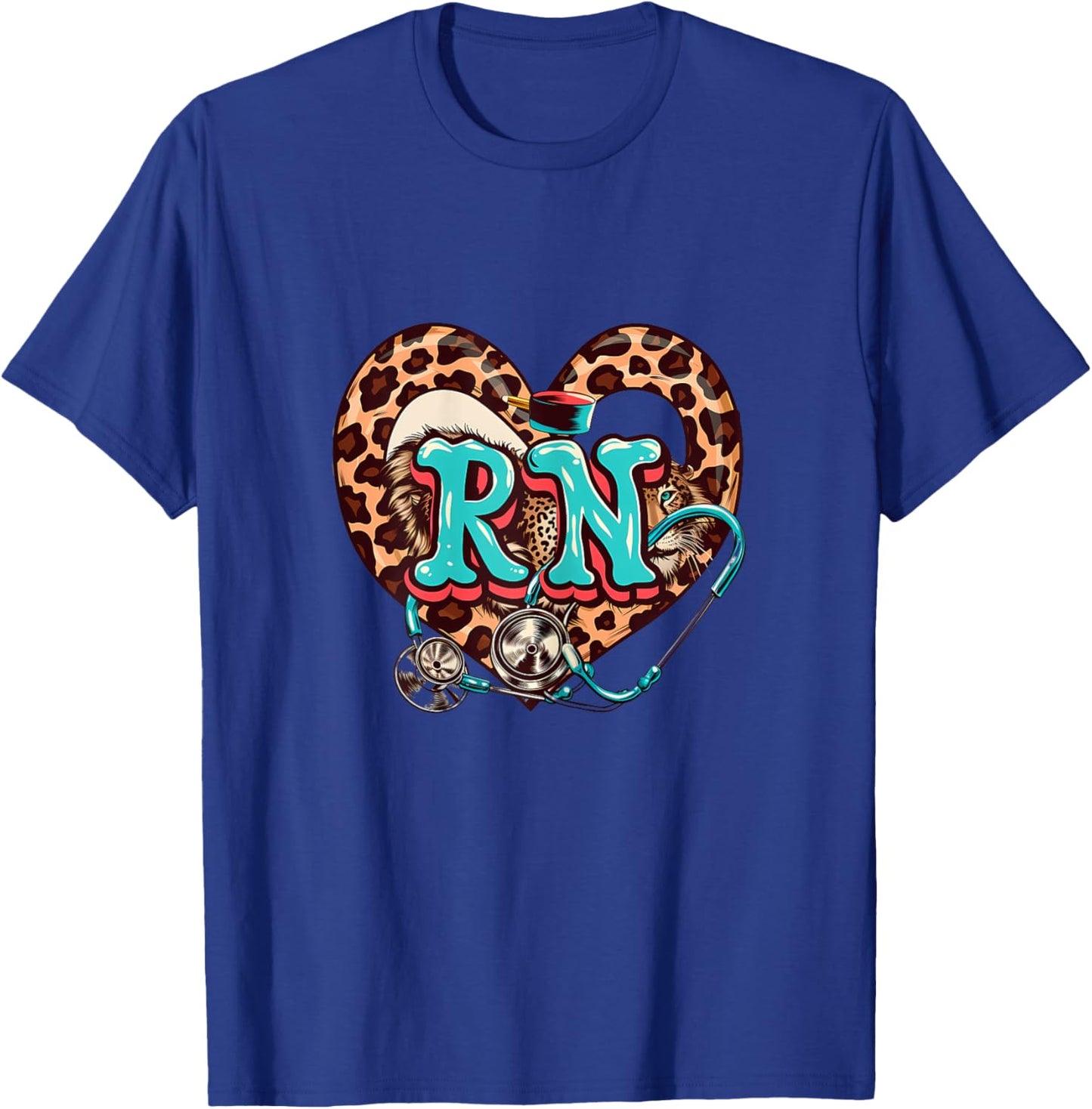 RN Registered Nurse Stethoscope Medical Heart Leopard T-Shirt - T-Shirt | Royal