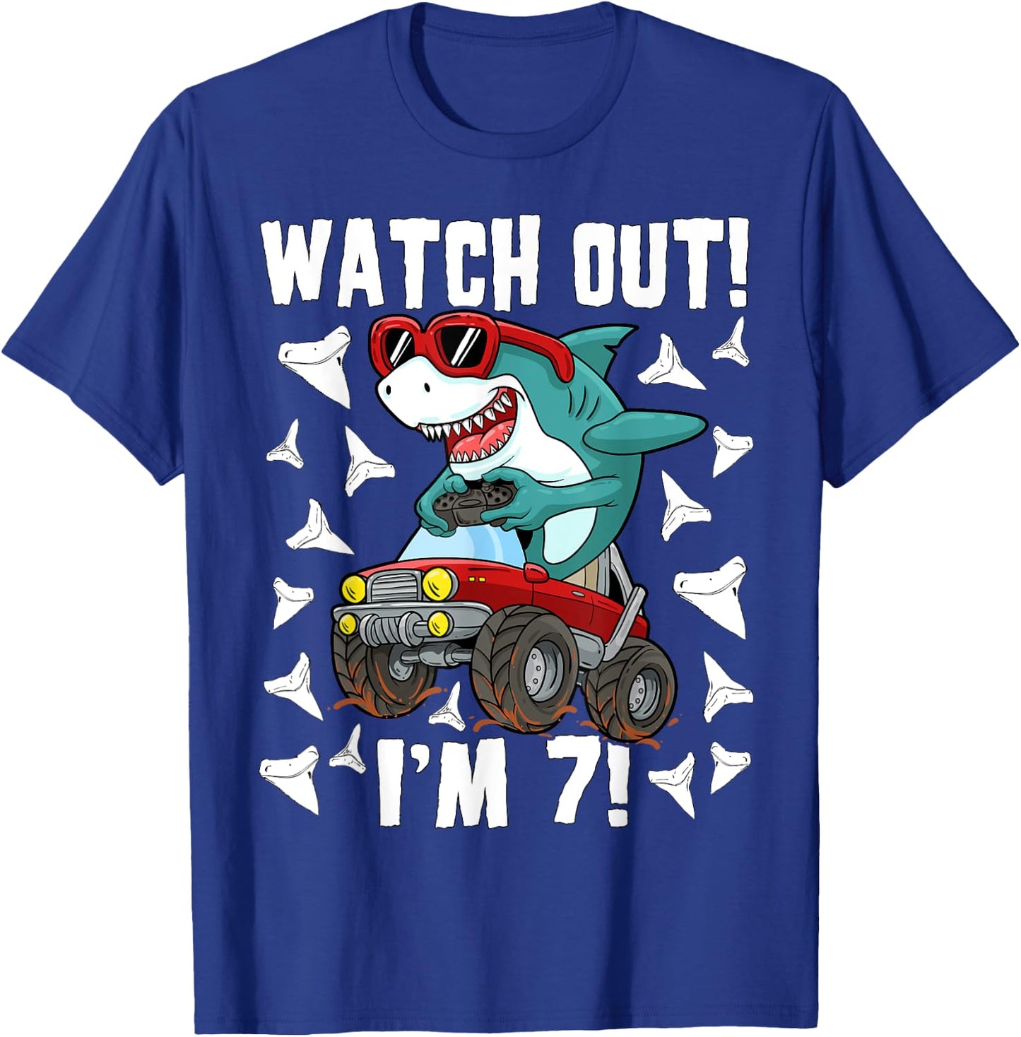 7 Years Old 7th Birthday Shark Boy Girl Monster Truck Gamer T-Shirt - T-Shirt | Royal