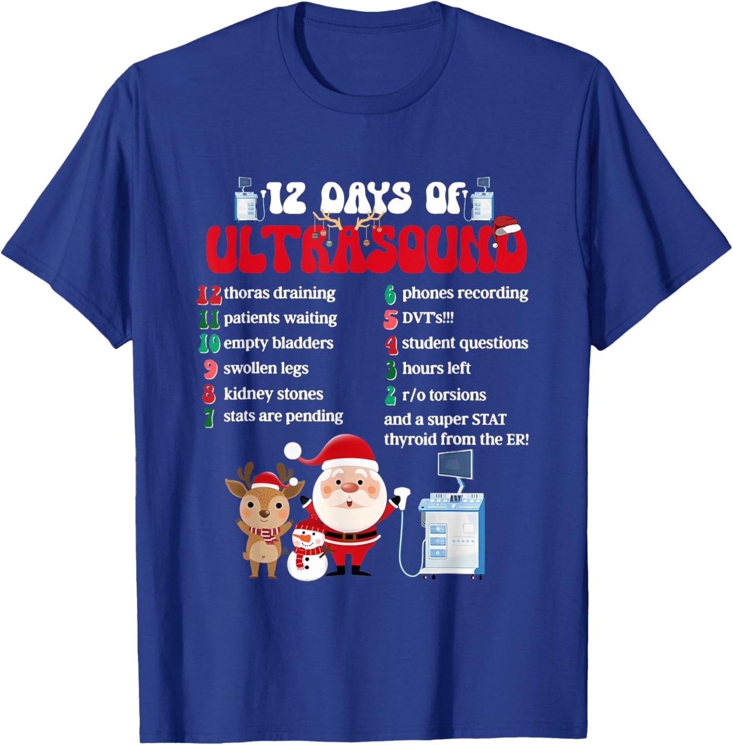 Women Retro 12 Days Of Ultrasound Tech Christmas Sonographer T-Shirt - T-Shirt | Royal